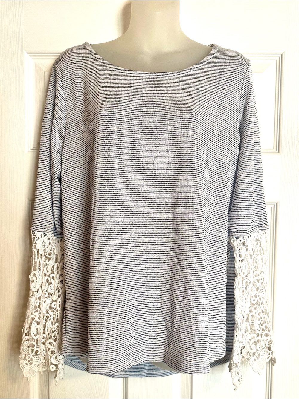 Hannah Blue & White Striped Sweatshirt with White Lace Bell Sleeves